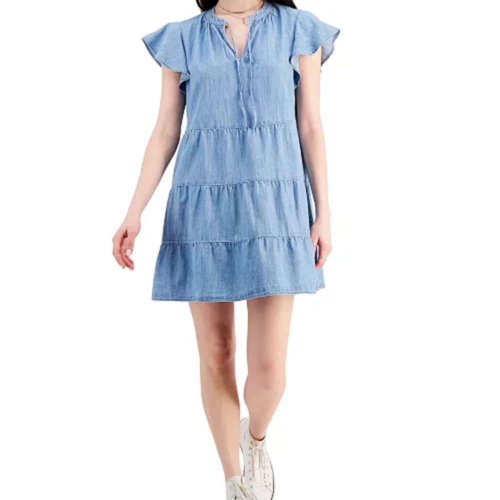 Style & Co. Light Blue 3 Tiered 100% Cotton Denim Dress Flutter Sleeves Size L